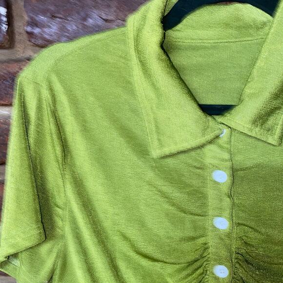 Blush Mark Green Liquid Knit Short Sleeve Button Down Crop Top Women's Size 0X - Picture 2 of 6
